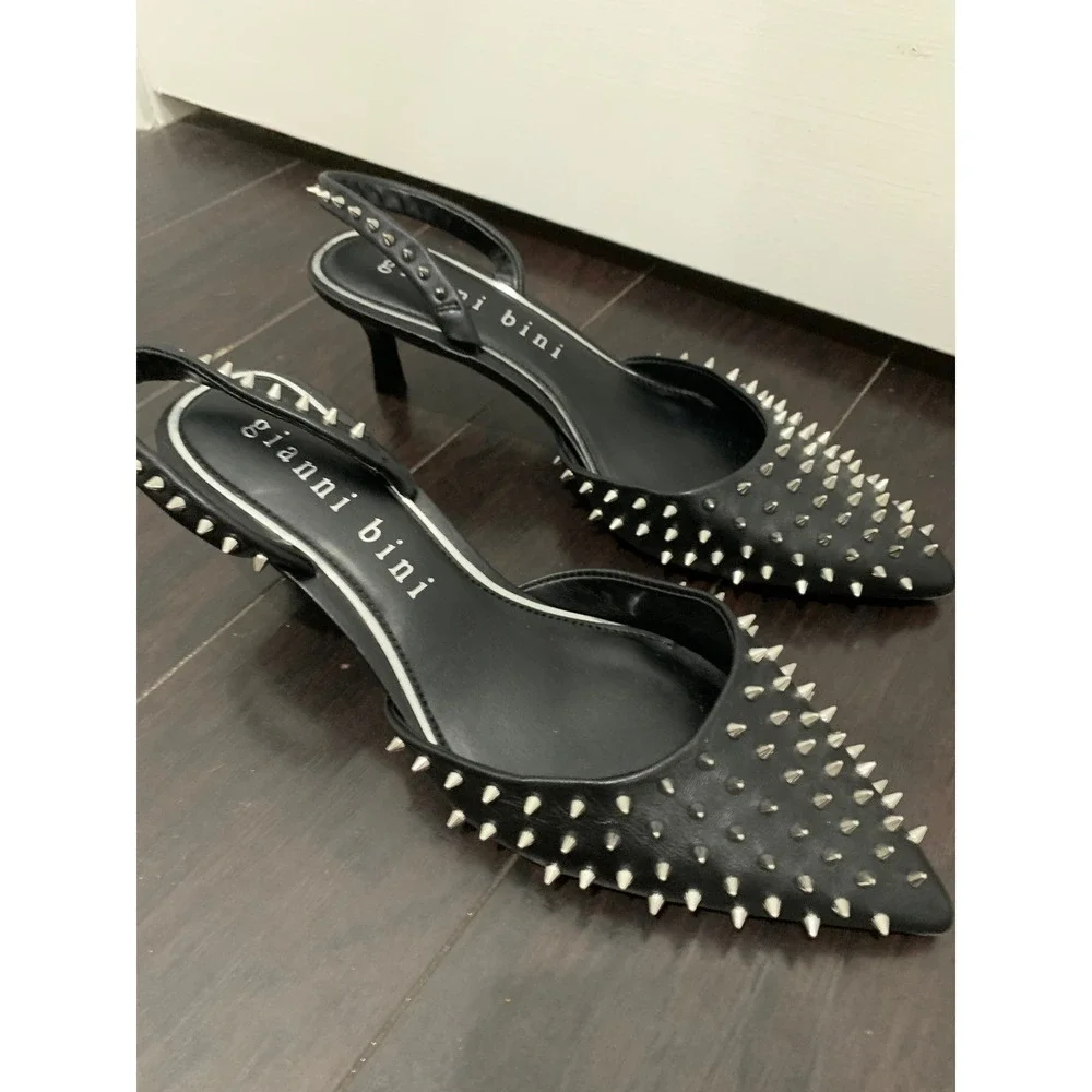 Gianni Bini Black Studded Slingback Pumps Kitten Heels Pointed Toe 7M